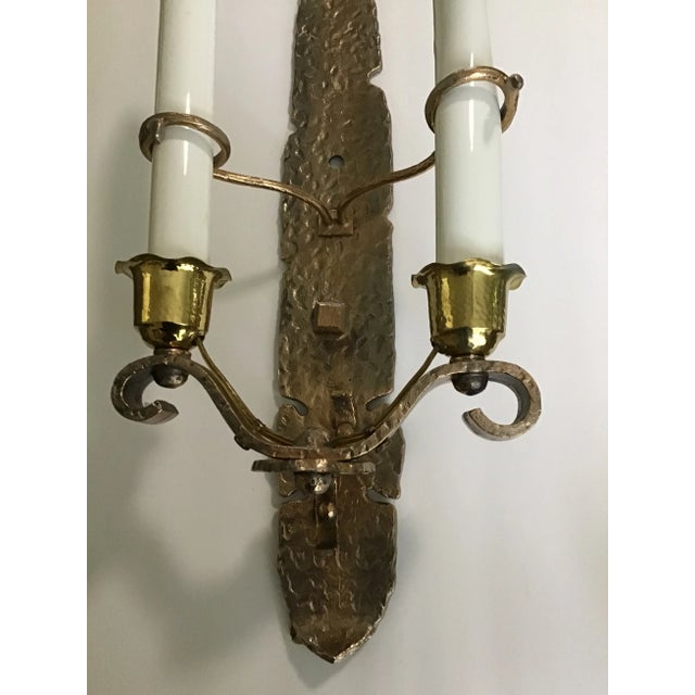 Arts & Crafts Hammered Brass Double Wall Sconces 1 or a Pair For Sale - Image 10 of 12