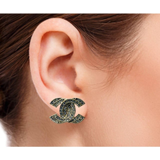 Chanel Light Gold Double CC Crystal Piercing Earrings * Marked 16 * Made in France -It is approximately 0.9" x 0.5". -In a...