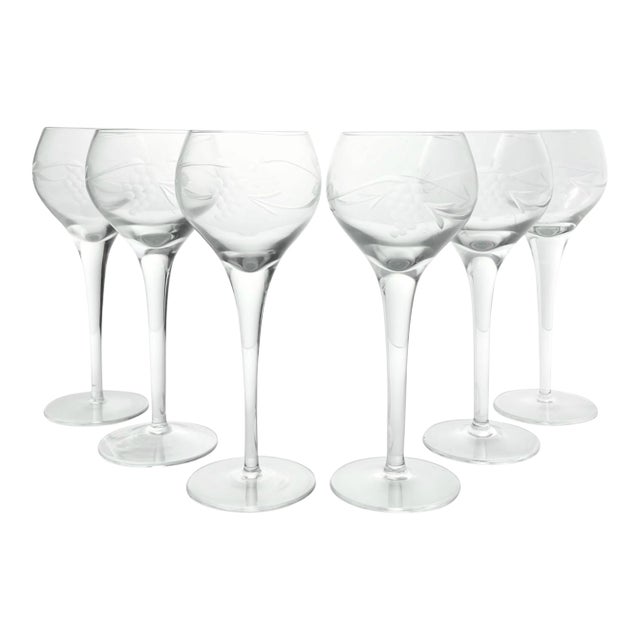 1970s Vintage Set of 6 Etched “Grape, Leaves & Vine” Wine Glasses For Sale