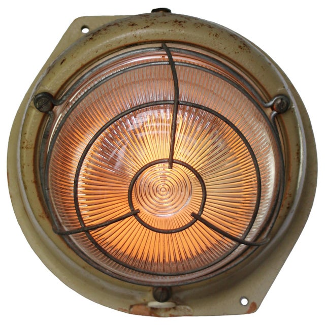 Industrial French Cast Iron and Clear Striped Holophane Glass Sconce from Mapelec For Sale - Image 4 of 6