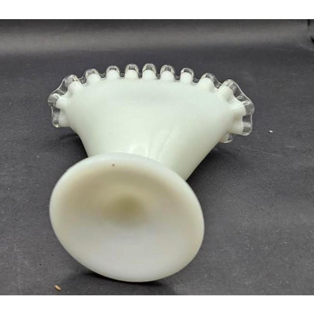 Vintage Fenton Clear Crest Ruffled Edge Milk Glass Fan Shaped Vase For Sale In Monterey, CA - Image 6 of 7
