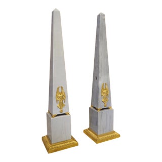 Pair of French Empire Style Blue Turquin Marble Obelisks, Early 1900s For Sale