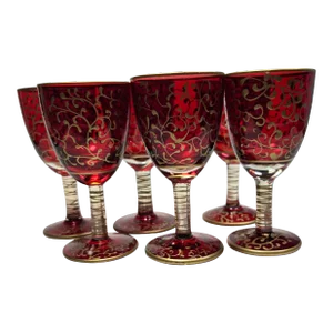 Vintage Romanian Ruby & Gold Cordial Goblets- Set of 6