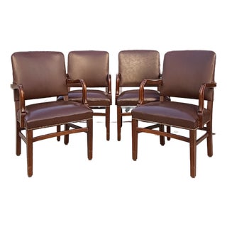 Set of 4 Vintage 1990s Gunlocke Georgian Style Brown Vinyl Armchairs For Sale