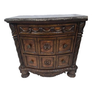 Heavy Carved Wood Nightstand / Commode With Stone Top For Sale