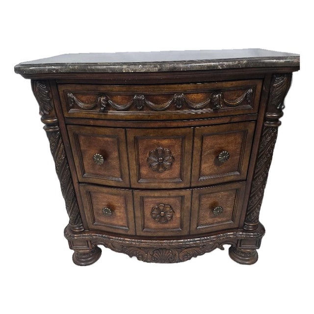 Heavy Carved Wood Nightstand / Commode With Stone Top For Sale