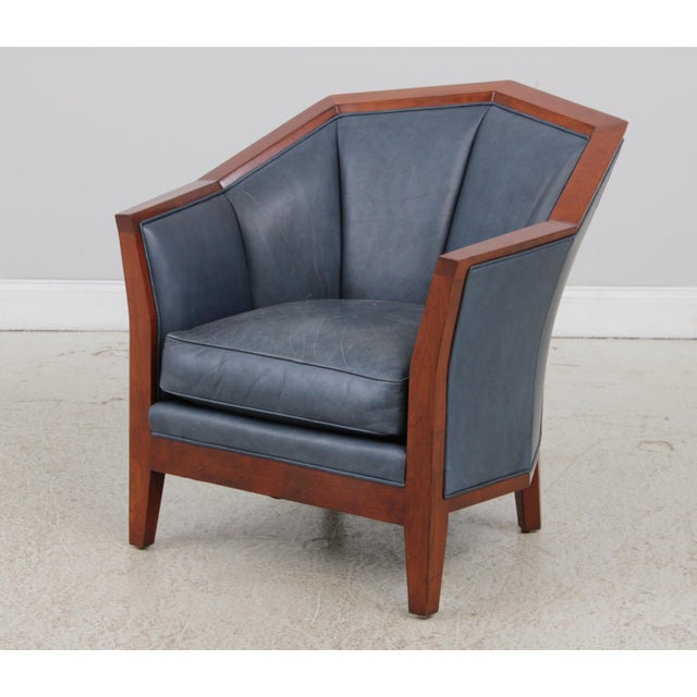 Arts & Crafts Stickley Cherry Blue Leather Club Chair For Sale - Image 3 of 16