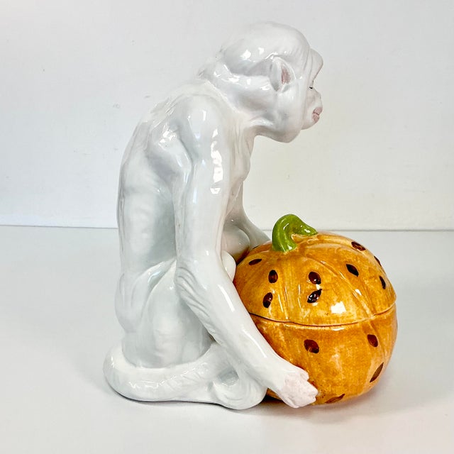 Burnt Orange 1950s Vintage Majolica Chinoiserie Hollywood Regency Figural Monkey With Pumpkin After Chelsea House, Halloween & Thanksgiving For Sale - Image 8 of 18