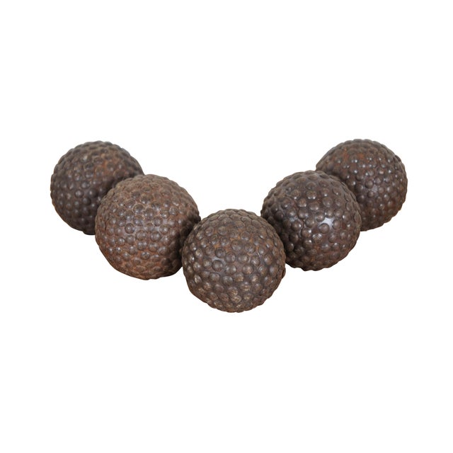 Set of 9 antique French bowling game / boules cloutees / nailed balls - spheres of wood studded throughout with nails for...