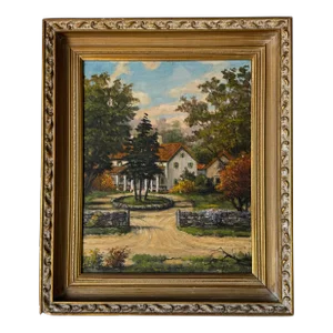 Vintage E. Piersonve Rural Landscape - Country Road Village Oil Painting, Framed