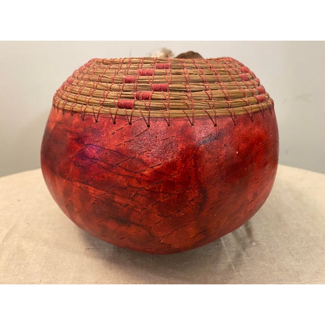 Late 20th Century Handmade Native American Style Red Gourd Bowl Embellished For Sale - Image 5 of 6