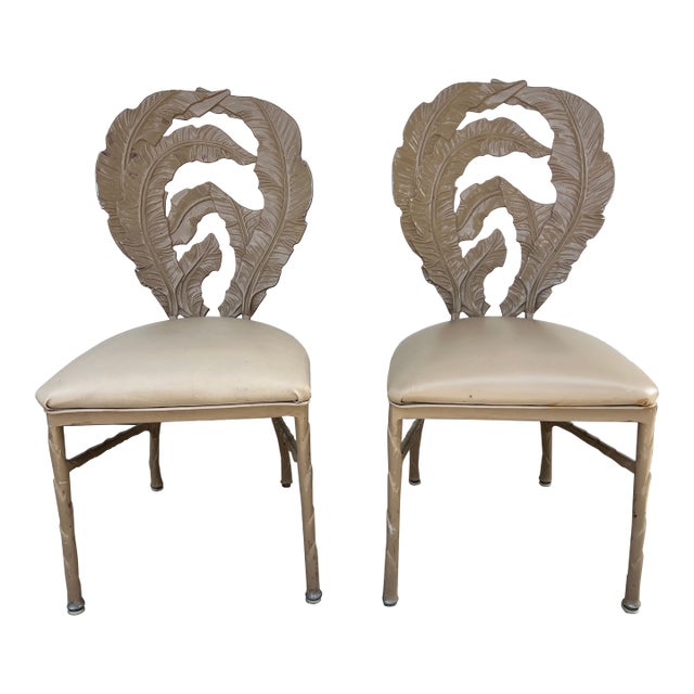 Vintage Hollywood Regency Era Banana Leaf Cast Aluminum Chairs 2 Pieces For Sale