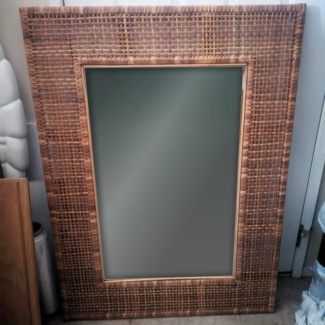X-Large Mid Mod Artisanal Wicker Cane Framed Wall Mirror For Sale - Image 4 of 8