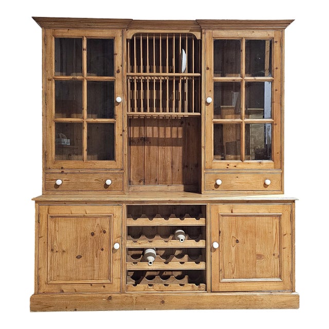 Vintage English Pine Kitchen Dresser With Plate Rack & Wine Storage For Sale