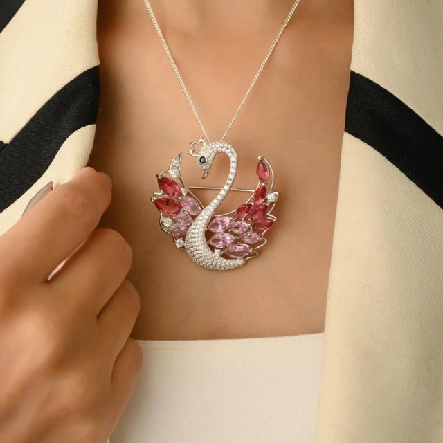 Pink Elegant Swan Brooch/Pendant in 925 Sterling Silver With Pink Cz Feathers by Carat&her For Sale - Image 8 of 13