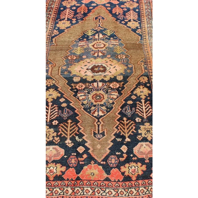 Early 20th Century Tribal Medallion Design Antique Persian Serab Rug in Camel and Shades of Blue For Sale - Image 5 of 13