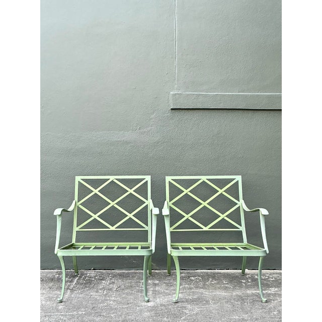 Light Green Vintage Regency Brown Jordan “Florentine” Cast Aluminum Lounge Chairs - A Pair For Sale - Image 8 of 10