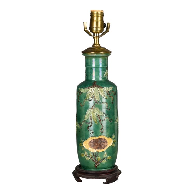 19th Century Chinese Floral Relief Pottery Table Lamp For Sale