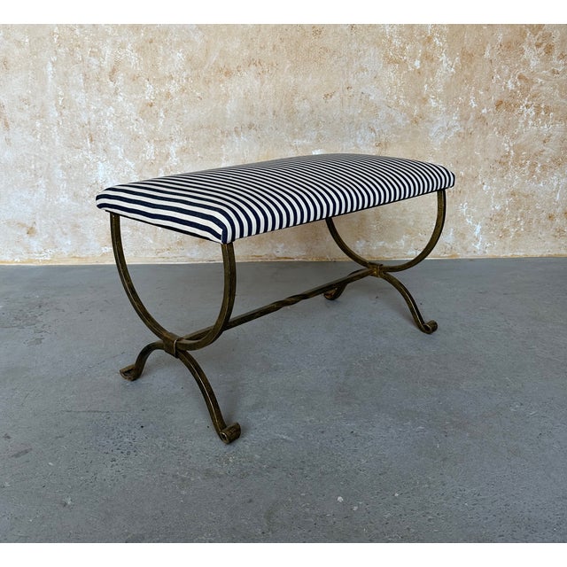 Vintage Inspired Spanish Gilt Iron Bench With Scrolled Base and Striped Ticking Upholstery For Sale In New York - Image 6 of 12
