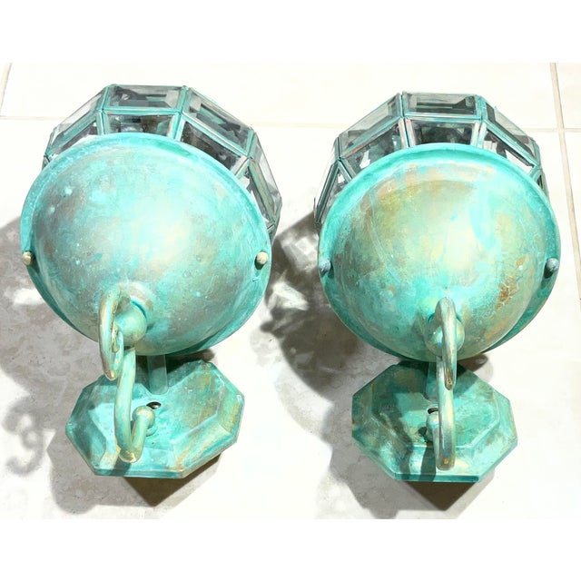Funky Vintage Pair of Solid Brass Verdigris Wall Lanterns - 14”h X 7” W X 8”.5 D For Sale - Image 11 of 17
