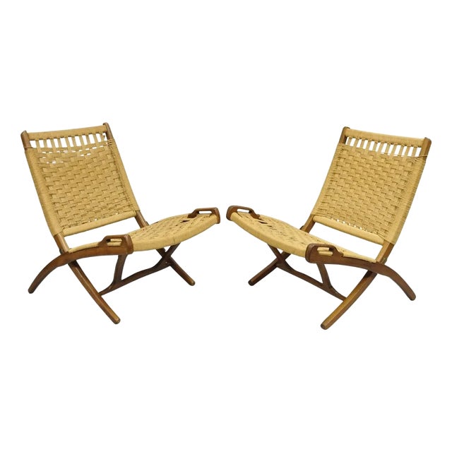 Mid 20th Century Vintage Mid Century Modern Woven Rope Wooden Folding Lounge Chair - A Pair For Sale