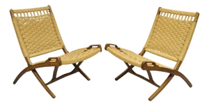 Mid 20th Century Vintage Mid Century Modern Woven Rope Wooden Folding Lounge Chair - A Pair