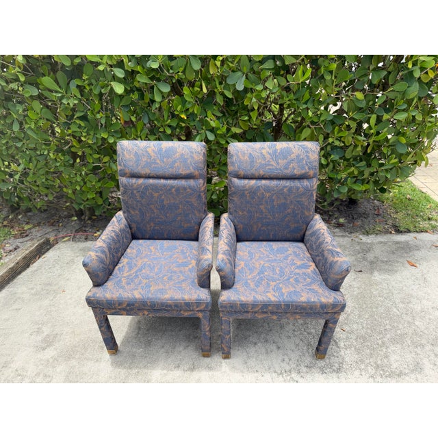 Vintage Mastercraft Parsons Style Armchairs With Brass Sabots, a Pair For Sale - Image 9 of 16