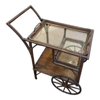 Early 20th Century Heywood Wakefield Wicker Victorian Tea/Bar Cart For Sale