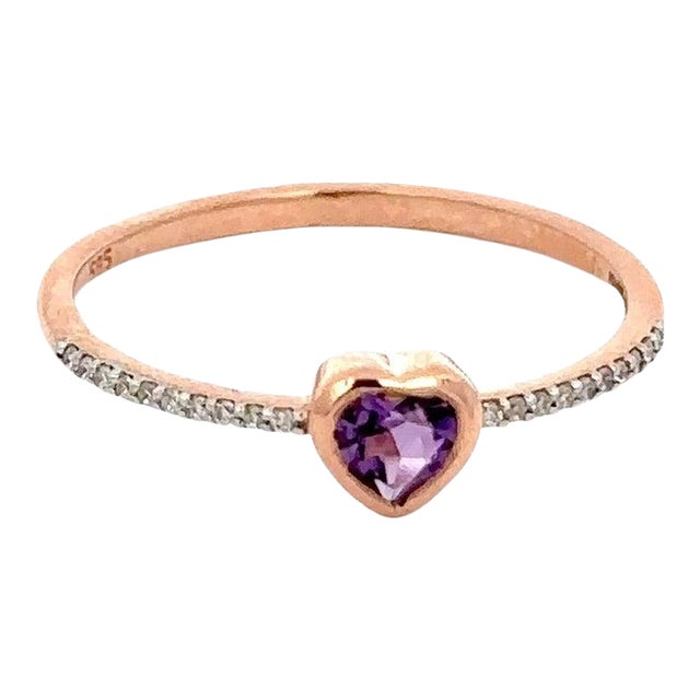Dainty Heart Shaped Amethyst and Diamonds 14k Rose Gold Stackable Ring Size 7 ( All Sizes Available) For Sale