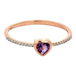 Dainty Heart Shaped Amethyst and Diamonds 14k Rose Gold Stackable Ring Size 7 ( All Sizes Available)