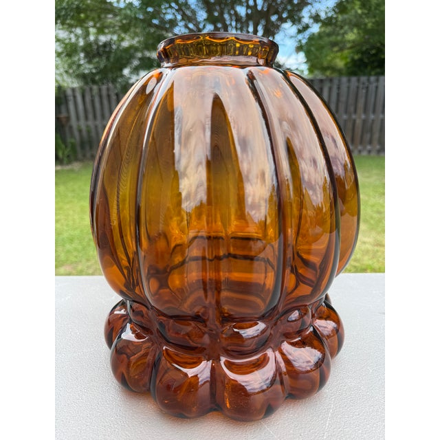 Mid-Century Modern 1960s Mid 20th Century Hand-Blown Amber Art Glass Pumpkin Melon Ribbed Lamp Shade 4" Fitter For Sale - Image 3 of 10