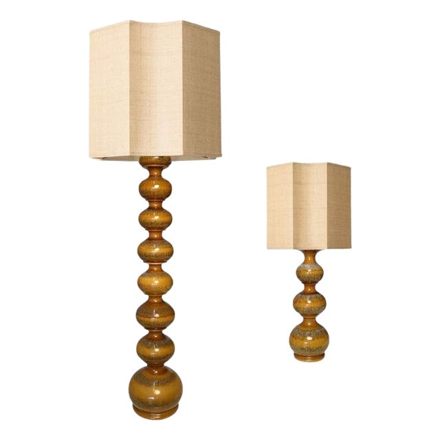 Ceramic Lamps with Silk Lampshades by René Houben, 1960s, Set of 2 For Sale