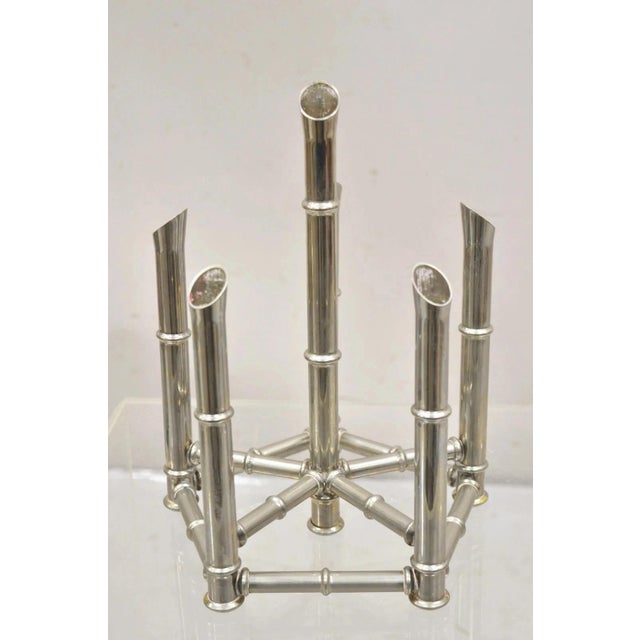 Vintage Hollywood Regency Silver Plated Chrome Faux Bamboo Candlesticks - A Pair For Sale In Philadelphia - Image 6 of 11