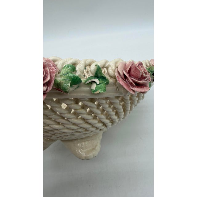 A Vintage Italian Capodimonte Woven Creamware Wedding Basket With Rose Decorations, Circa 1950's For Sale - Image 6 of 12
