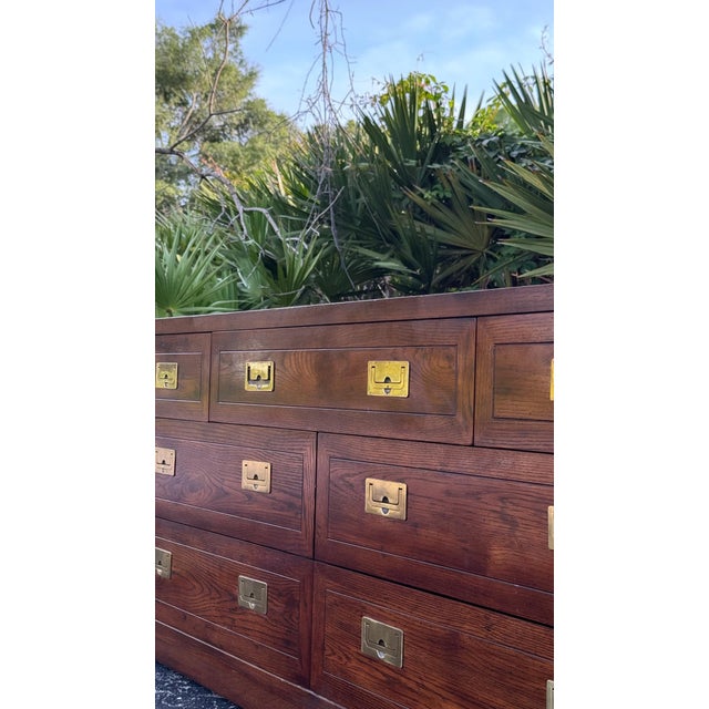 Henredon Vintage Henredon Campaign 8-Drawer Walnut Dresser With Brass Hardware For Sale - Image 4 of 5