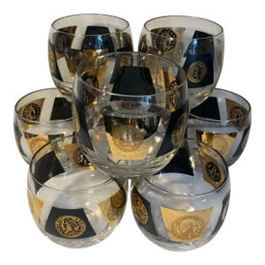 1960’s Vintage Roman Gold and Black Glass Tumblers / Rocks Glasses- Set of 8