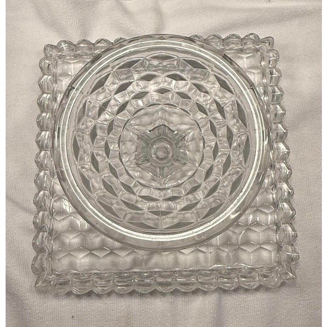 Vintage Fostoria American Clear Cubist Glass Square Pedestal Cake Stand With Rum Well For Sale In San Francisco - Image 6 of 10