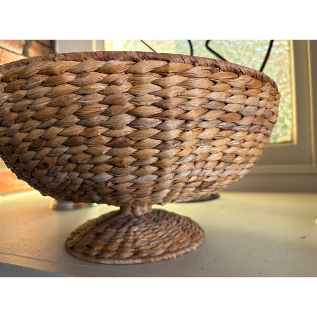 Vintage Woven Natural Fiber Pedestal Bowl Basket For Sale - Image 10 of 11