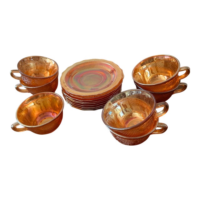Federal Glass Normandie Bouquet Lattice Iridescent Depression Glassware Set - Set of 15 For Sale