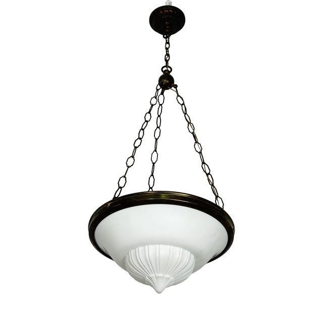 Art Deco Pendant Lamp in Brass and Milk Glass, 1940s For Sale