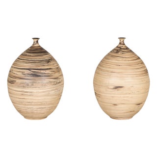 Late 20th Century Large Artisan Ceramic Floor Vases with Cream and Brown Swirled Glaze (Sold Each) For Sale