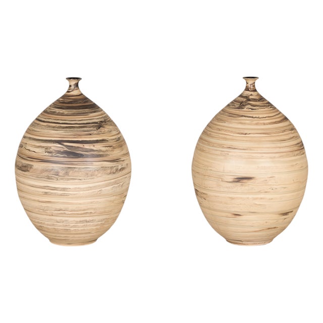 Late 20th Century Large Artisan Ceramic Floor Vases with Cream and Brown Swirled Glaze (Sold Each) For Sale
