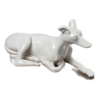 Laying Ceramic Dog on Platinum Base For Sale