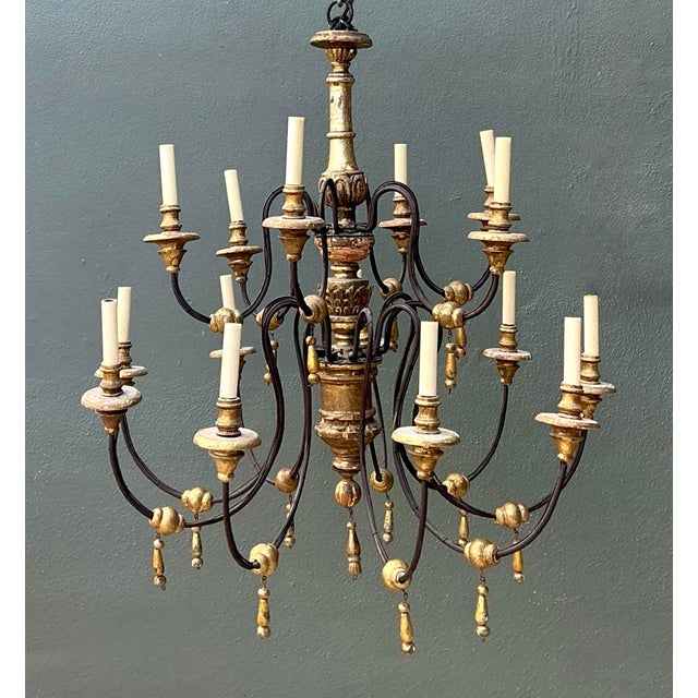 Vintage Gilt Wood and Metal Twelve-Light Chandelier For Sale - Image 12 of 12
