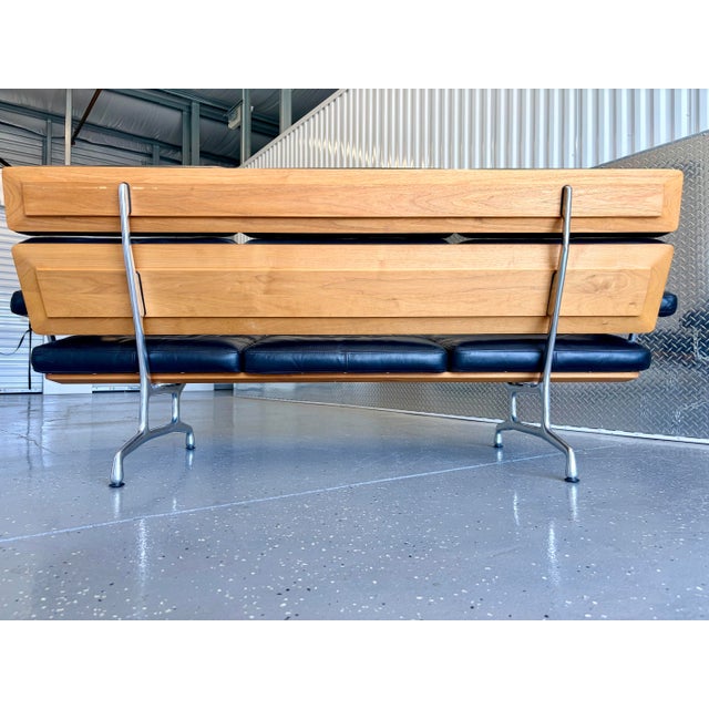 Wood 20003 3-Seat Sofa by Ray and Charles Eames in Teak W/ Black Leather For Sale - Image 7 of 13