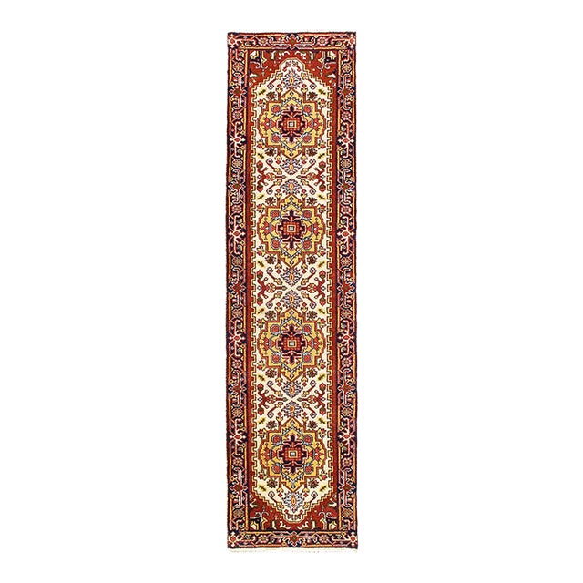 Fine Hand Knotted Ivory Serapi Design Runner For Sale