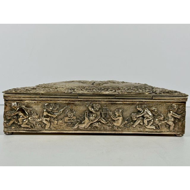 Metal Antique Silverplate Cherub Dresser Box: Repousse Putti Design For Sale - Image 7 of 10