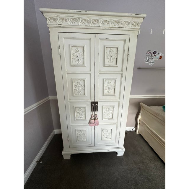 White Grange White Wooden Nightstand With Embossed Cabinet Door – Shabby Chic Charm For Sale - Image 8 of 9
