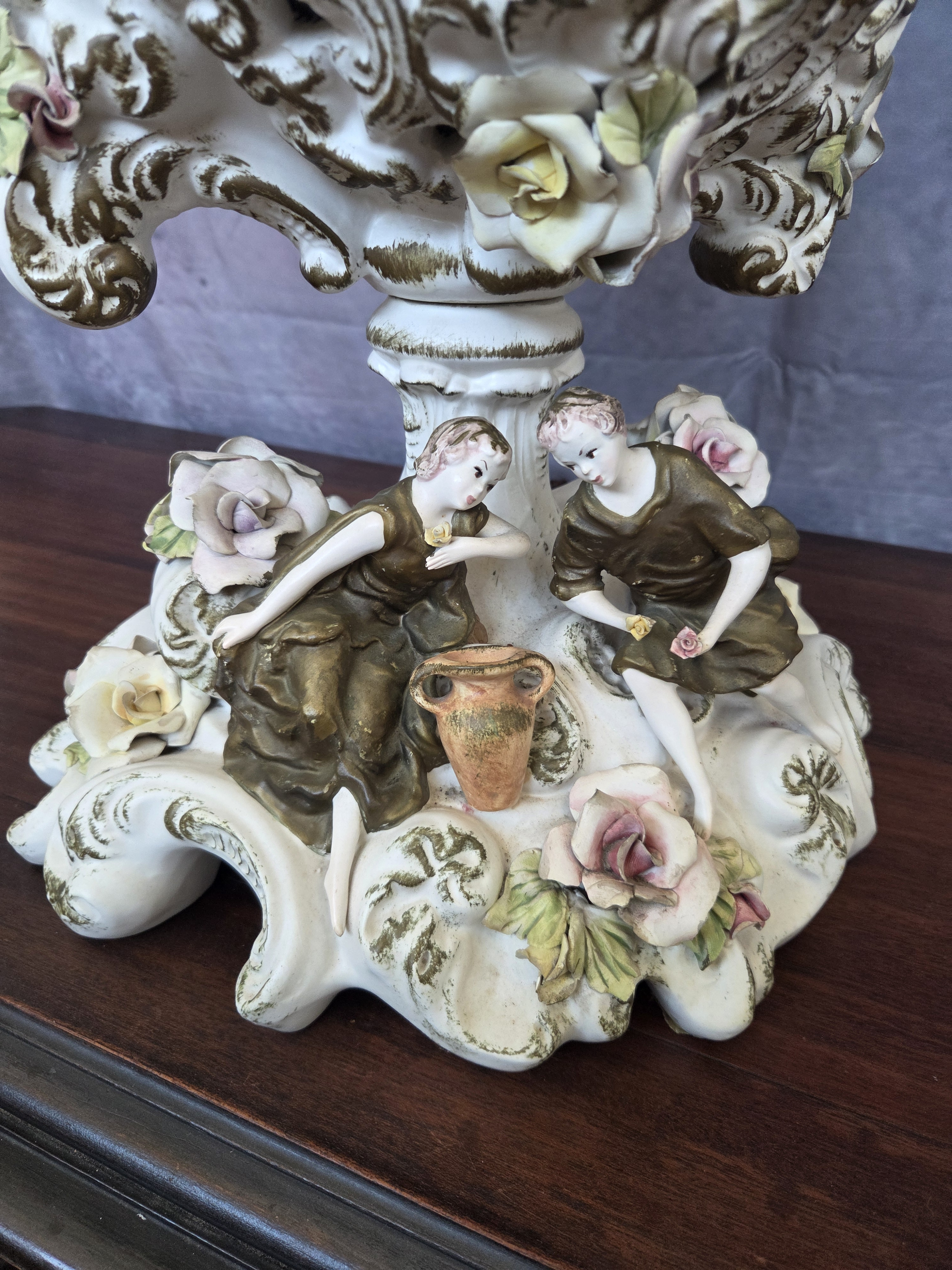 1960s Azzolin Brothers Porcelain Figural & Floral Table Lamp W