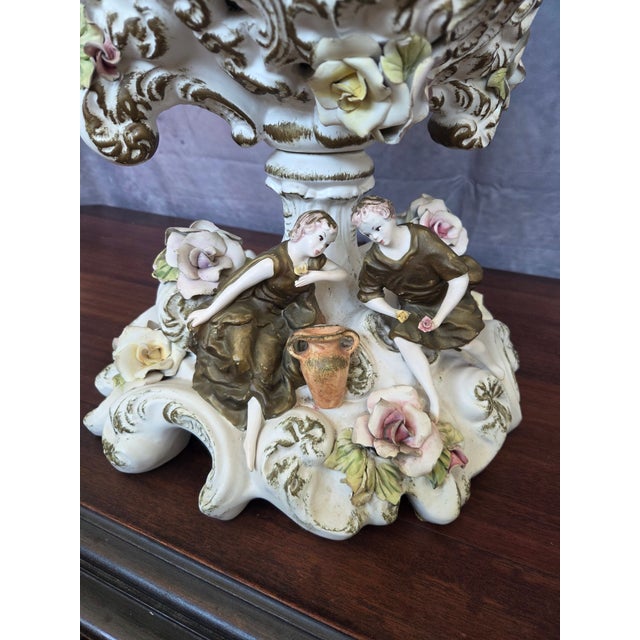 Ivory 1960s Azzolin Brothers Porcelain Figural & Floral Table Lamp W/ Fringe Shade For Sale - Image 8 of 10